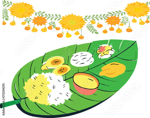 Cultural Illustrations: Indian Art & Ritual Objects Vector illustration -- Kerala's Onam Festival: Sadhya Dishes & Traditions