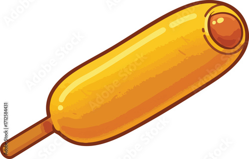 A cartoon illustration of a corn dog, showing a golden-yellow batter-coated hot dog on a stick.