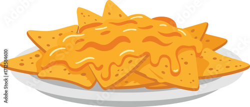 A cartoon illustration of a plate of cheesy nachos with melted orange cheese sauce drizzled over golden tortilla chips.