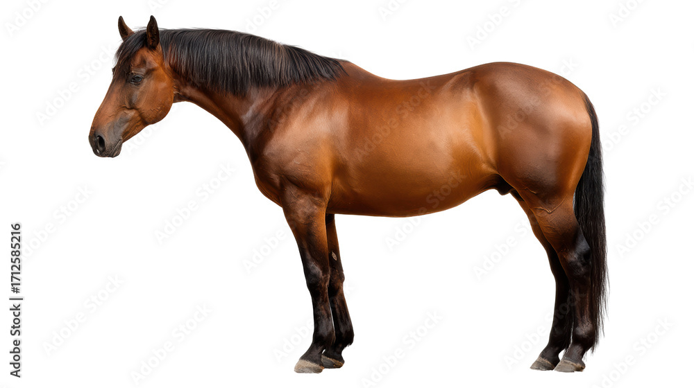 Fototapeta premium Brown horse standing elegantly on a white isolated background.