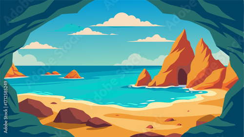 A sandy beach framed by rocky outcrops with the iconic beauty of the Mediterranean stretching out into the horizon.