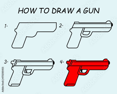 Step by step to draw a Gun. Drawing tutorial a Gun. Drawing lesson for children. Vector illustration	