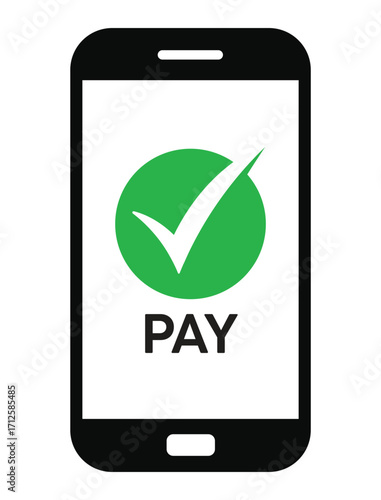 Vector illustration of a smartphone with "PAY" text and a green checkmark, symbolizing successful mobile payment confirmation. Clean, flat design on white background.
