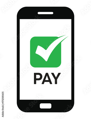 Vector illustration of a smartphone with "PAY" text and a green checkmark, symbolizing successful mobile payment confirmation. Clean, flat design on white background.