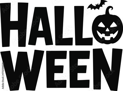 Bold black silhouette text halloween with jack o lantern and bat illustration