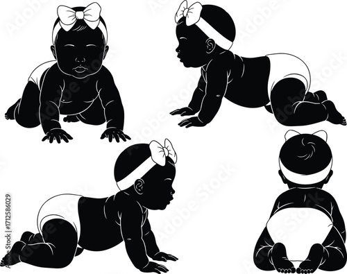 Baby crawling poses, infant silhouette set, bow headband baby, diapered child movement, black vector, white background, crawling stages, baby motion study