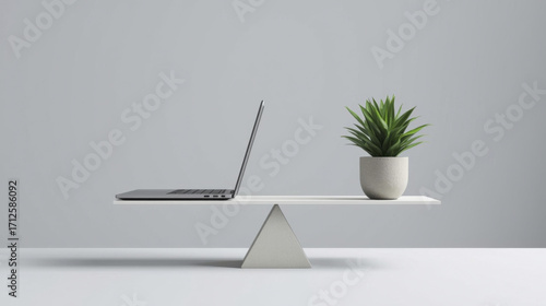 Conceptual image of scale balancing laptop on one side and small plant on other, showcasing harmony between technology and nature