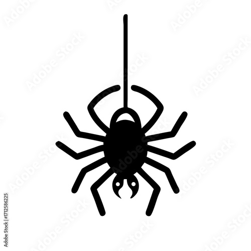 Spider Silhouette: A stylized depiction of a spider suspended from a single thread, rendered in a bold, minimalist design. Perfect for themed projects and conveying a sense of mystery.
