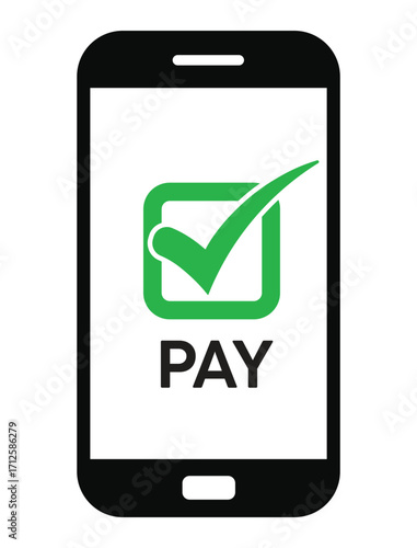 Vector illustration of a smartphone with "PAY" text and a green checkmark, symbolizing successful mobile payment confirmation. Clean, flat design on white background.
