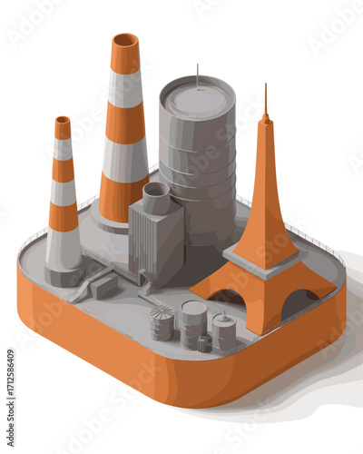 Isometric industrial factory with smokestacks, storage tanks, tower, refinery, energy plant, 3D illustration, modern manufacturing
