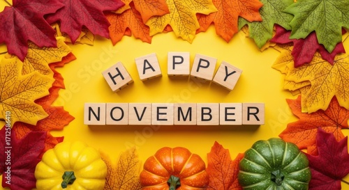 Happy november text with pumpkins and autumn leaves on yellow background