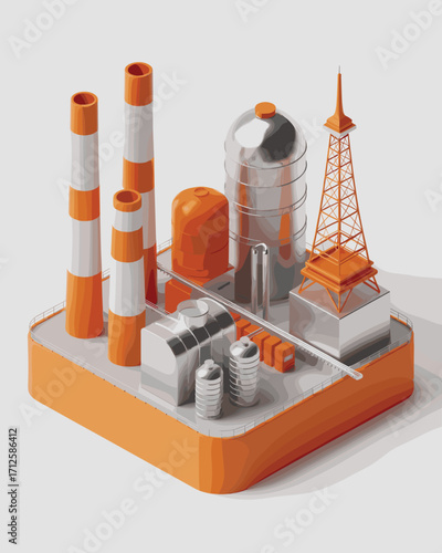 Isometric industrial factory with smokestacks, storage tanks, tower, refinery, energy plant, 3D illustration, modern manufacturing