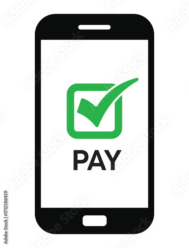 Vector illustration of a smartphone with "PAY" text and a green checkmark, symbolizing successful mobile payment confirmation. Clean, flat design on white background.