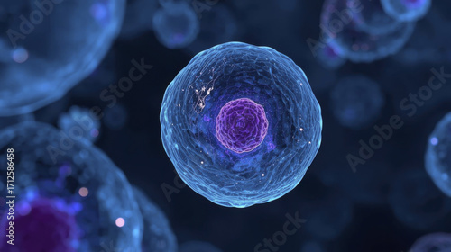 Ultra detailed render of human cell microscope showing visible nucleus and cytoplasm with glowing blue and purple colors, high contrast