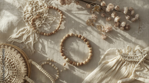 Natural accessories arranged on soft linen fabric, featuring handmade jewelry, dried flowers, and rattan bag, creating serene aesthetic