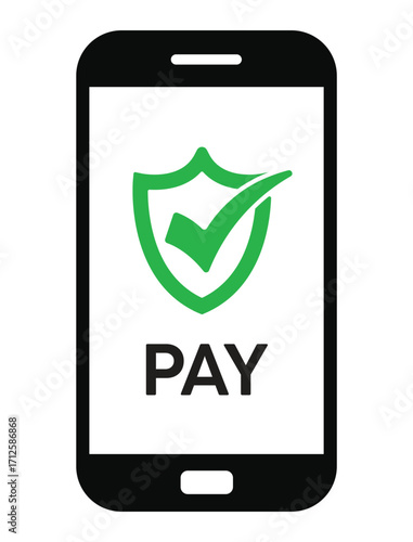 Vector illustration of a smartphone with "PAY" text and a green checkmark, symbolizing successful mobile payment confirmation. Clean, flat design on white background.