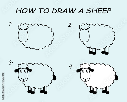 Step by step to draw a Sheep. Drawing tutorial a Sheep. Drawing lesson for children. Vector illustration	