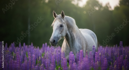 Majestic white horse stands in a field of purple flowers under soft sunlight