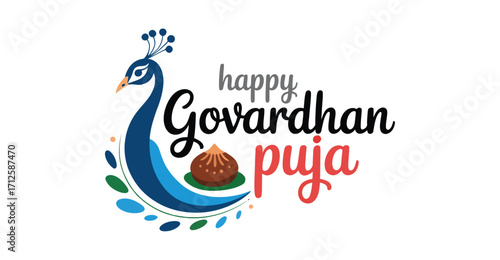Festive peacock illustration with traditional sweet celebrating Govardhan Puja, symbolizing cultural heritage and Diwali observance