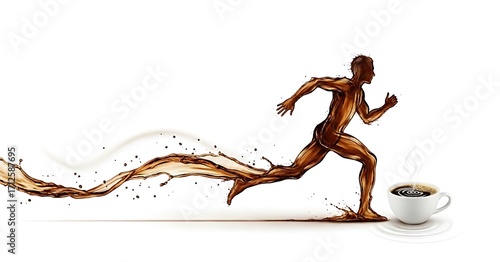 The Energy of Coffee, An abstract illustration of a runner whose body is made of brown coffee liquid, suggesting motion and energy