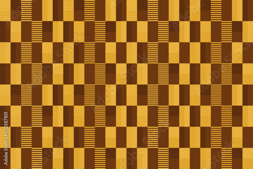 A combination of checkered patterns and bold stripes creates a vertical striped effect. Gold vector illustration. Retro futuristic background.