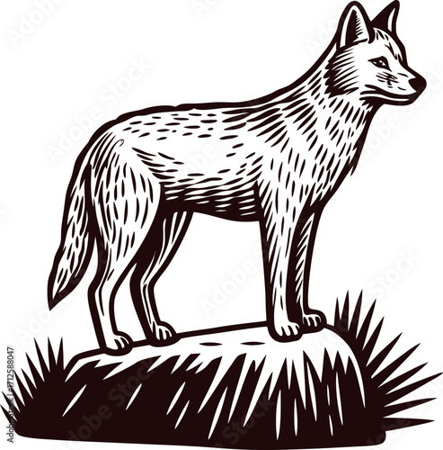 Engraved illustration of wild coyote standing on rock with textured fur and alert expression