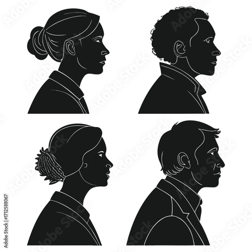 Vector illustration of a couple's silhouette profile with flowing hair and a heart symbol