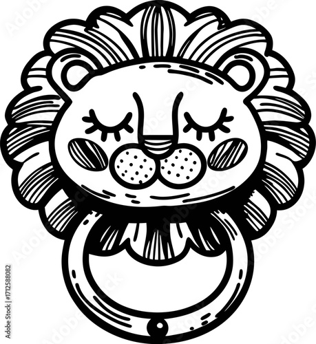 Hand drawn lion face door knocker with closed eyes and detailed mane in black and white vintage