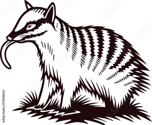 Hand drawn badger illustration in engraved vintage with detailed fur and grassy ground