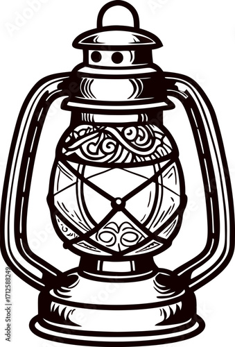 Vintage hand drawn kerosene lantern with decorative ornate details, black outline illustration on white background