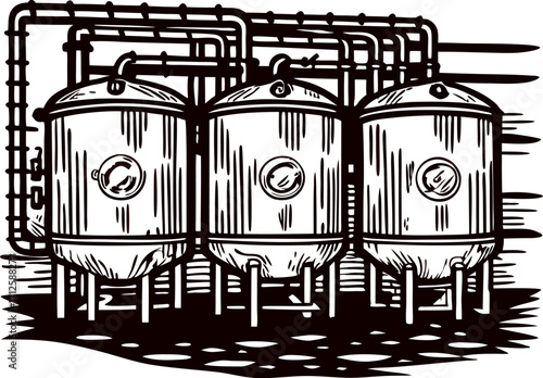 Vintage engraved drawing of industrial fermenting tanks with pipes and valves in brewery facility illustration