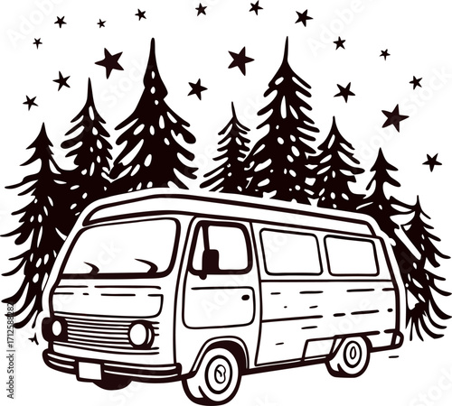 Retro camper van parked in pine forest with stars, hand drawn monochrome illustration