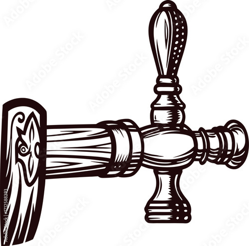 Vintage hand drawn wooden beer tap handle with ornate engraved details isolated on white background illustration