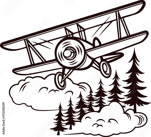 Vintage biplane flying above pine trees and clouds in hand drawn engraving illustration