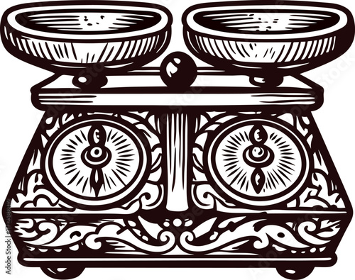 Hand drawn ornate antique balance scale with decorative engraving isolated on white background illustration