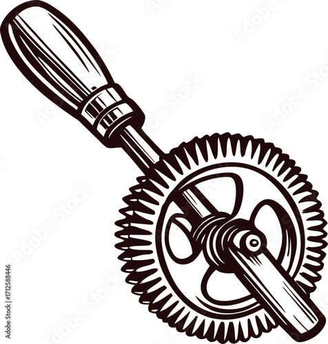 Hand drawn vintage manual hand drill tool with wooden handle and detailed gears illustration