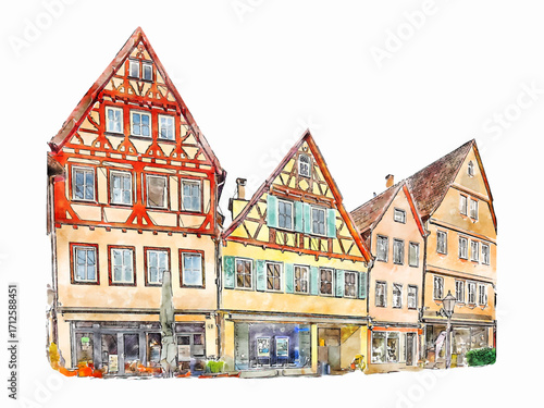 Watercolor Artistic Old Townscape House Painting of European Architecture