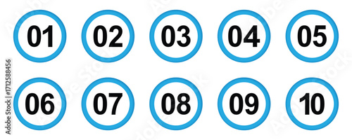 Round Number Icons Set 1 to 10 – Simple Circle Symbols Vector Illustration Isolated on White Background for Education and Design.