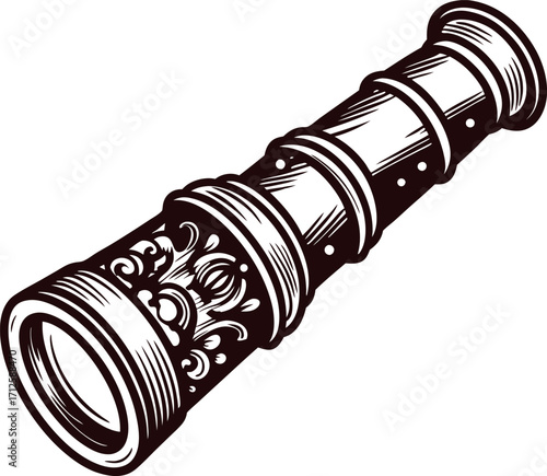 Vintage hand drawn brass spyglass illustration in antique engraved with ornate decorative detailing
