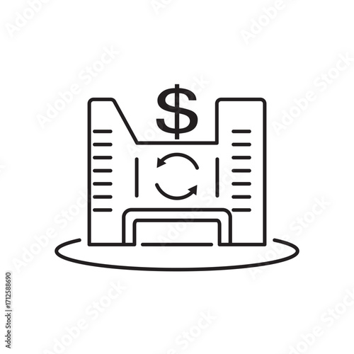 Minimalist line icon of a building with a dollar sign and circular arrows, symbolizing property investment turnover. Ideal for real estate cycles, asset rotation, and financial reinvestment design.