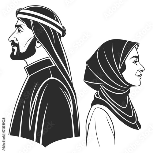 Black sketch silhouette of the Virgin Mary and Baby Jesus with a flowing dress