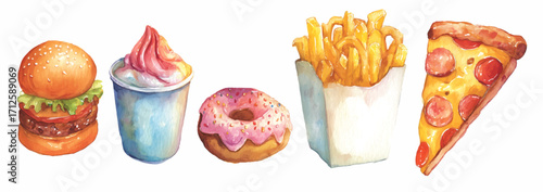 Vecttor illustration of fast food collection on white background. Watercolor painting, banner