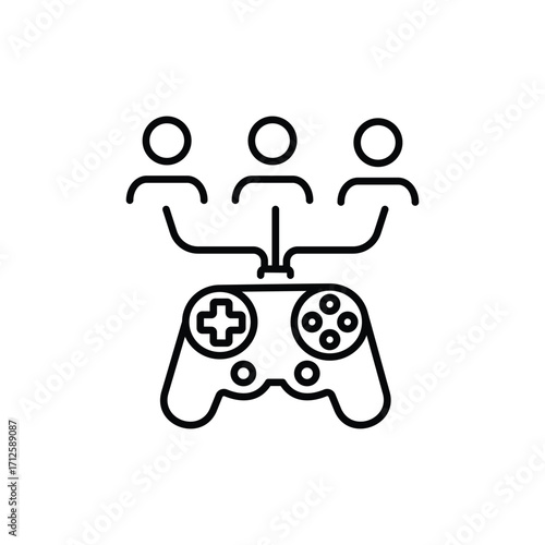 A gaming controller connected to three abstract figures suggesting multiplayer interaction. Line icon. Editable stroke