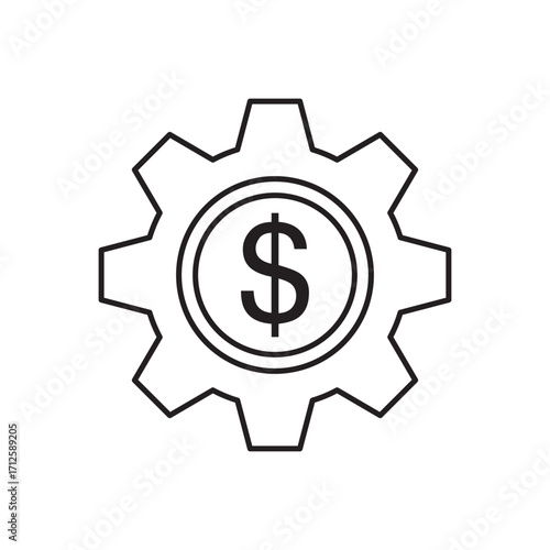 Line icon of a gear encircling a dollar sign, symbolizing financial management. Ideal for illustrating budgeting, economic strategy, investment optimization, business operations, and fiscal efficiency
