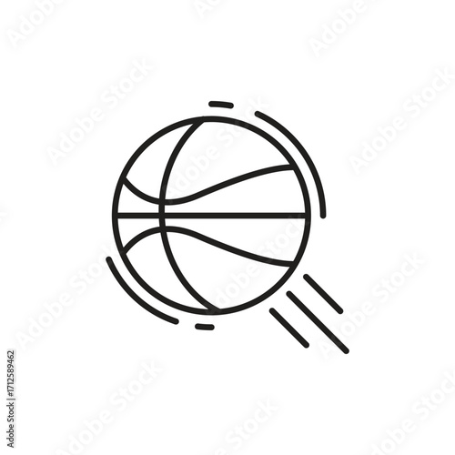 A line drawing of a basketball in motion with curved lines. Line icon. Editable stroke