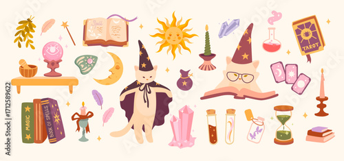 Cute magical collection in purple, pink, green colors with cute wizard cat, tarot cards, crystal ball, gold sun and moon, crystals. Pastel tones and cosy witchy aestethic. For stickers, poster, card