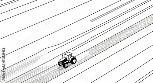 Tractor on field is shown in this minimalist illustration of agricultural machinery. Tractor on field is seen from above with tire marks on white, expressing precision farming techniques,