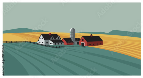Farm landscape displaying idyllic farm scene with rural buildings, golden fields and scenic hills. This farm landscape displays agricultural life, country living and serene panorama.