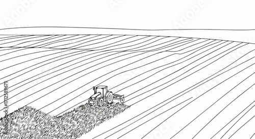 Illustration showing field cultivation, harvest preparation on an agricultural farm.