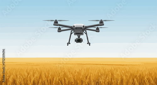 Aerial drone flying above wheat field under clear sky, capturing footage. Drone aerial footage is useful for agriculture, inspection, surveillance.